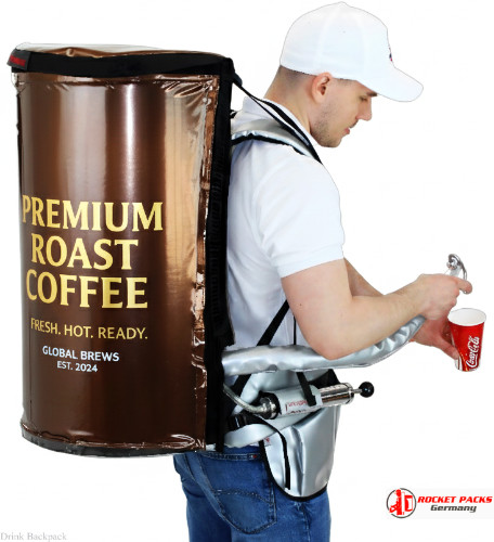 Professional mobile backpack drink dispenser serving beer and coffee to go at London Open Air Festival, showcasing innovative vending solution and event marketing experience