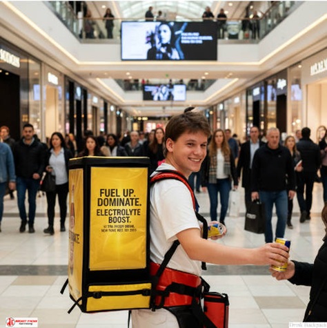 Portable coffee to go backpack dispenser for vendors at Dublin street fair enabling direct customer interaction and experiential marketing