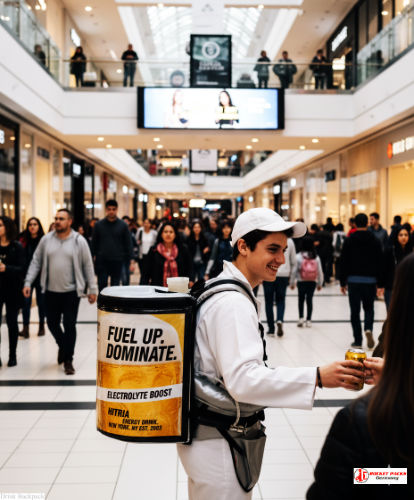 Cold limonade backpack drink dispenser for Toronto summer festival providing on-the-go drink service and POS communication experience