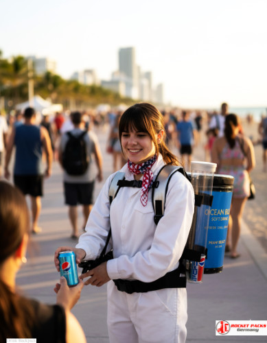 Portable backpack dispenser for softdrink tasting at Edinburgh Wine Festival presenting modern catering concept and visual merchandising