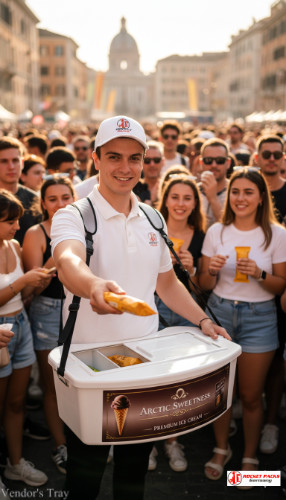 obile Coffee To Go backpack dispenser in New York Street Festival, professional portable vending solution for outdoor POS communication, hawking vendor marketing, live event catering, on-the-go sampling and brand activation promoting taste experience and visual merchandising.