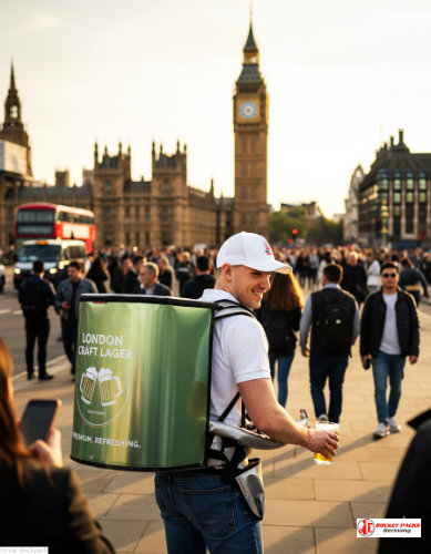 Mobile Juice To Go dispenser backpack – portable drink service for beach festivals, outdoor tastings, POS actions, brand experience campaigns, and cross-promotion marketing at open-air locations.