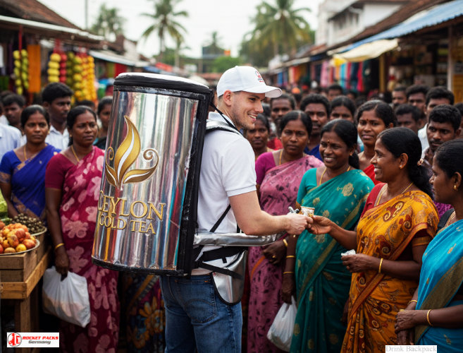 Professional Iced Coffee To Go backpack dispenser – mobile vending solution for summer festivals, outdoor concerts, beach cafés, and POS promotions with tasting and sampling experiences.