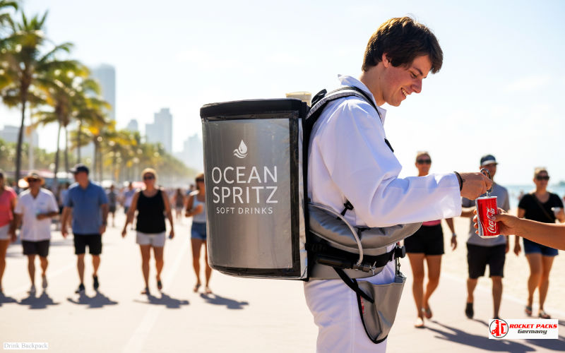 Mobile Lemonade To Go backpack dispenser – portable drink service for family festivals, open-air events, POS actions, and outdoor beverage marketing campaigns.