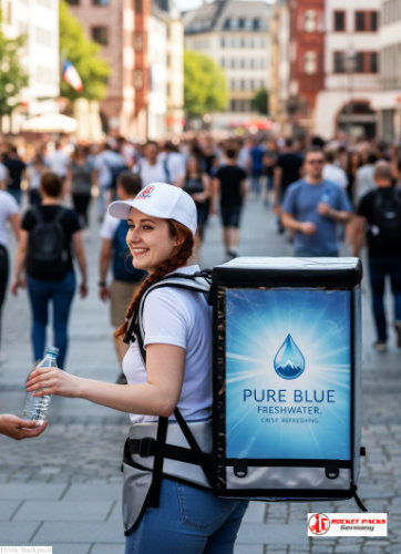 Professional Mobile Coffee To Go backpack drink dispenser – portable vending solution for Coffee To Go promotions, POS communication, hawking vendor marketing, on-the-go sampling, live event catering, and outdoor point of sale beverage service.