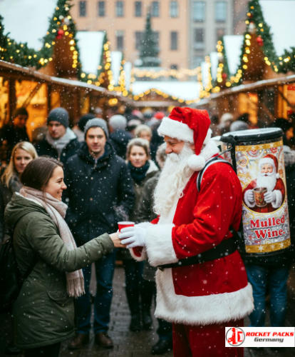 Portable beverage backpack equipped for mulled-wine tapping at the San Francisco Bay Area Christmas market, vendor walking through illuminated booths offering warm drinks to visitors during a chilly evening winter event.