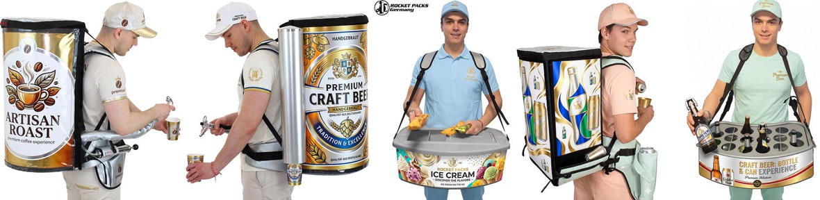 Professional mobile drink backpack dispenser from Rocket Packs with custom billboard advertising for stadium catering and event promotion.