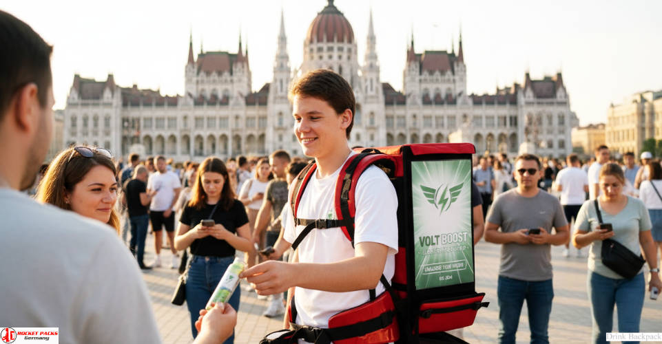 Cold beer dispenser rocketpacks backpack in Orlando theme park for mobile catering and guest experience enhancement