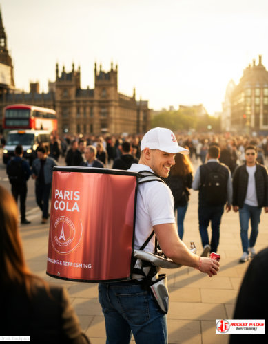 Professional Smoothie To Go backpack dispenser – mobile vending solution for health fairs, fitness events, product sampling, and experiential brand activations.