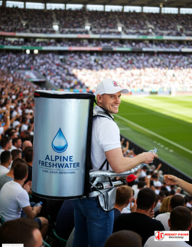 Portable Sparkling Wine To Go backpack – mobile drink dispenser for VIP events, weddings, festivals, and brand activation at live outdoor venues.