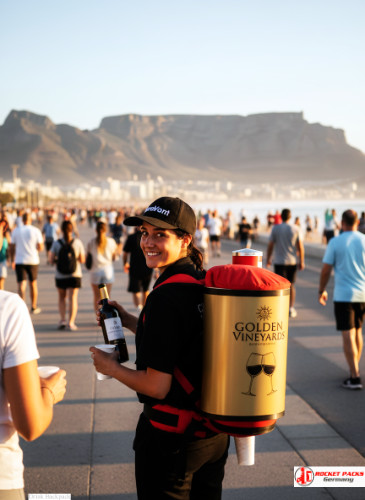 Portable Wine To Go backpack dispenser – premium mobile vending solution for wine festivals, catering events, tastings, brand activations, and live event hospitality with direct customer communication and product presentation.